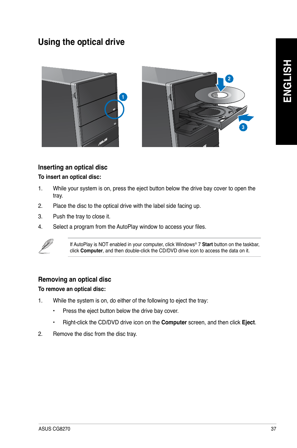 Using the optical drive, En gl is h en gl is h | Asus CG8270 User Manual | Page 37 / 76