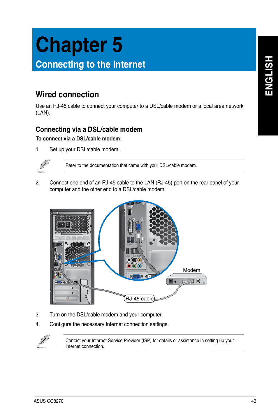 Chapter 5, Connecting to the internet, Wired connection | En gl is h en gl is h | Asus CG8270 User Manual | Page 43 / 76
