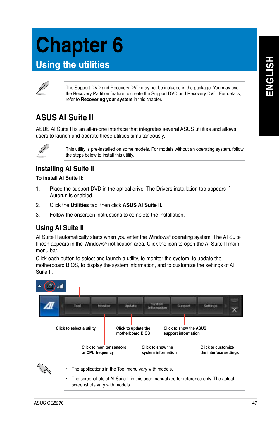 Chapter 6, Using the utilities, Asus ai suite ii | En gl is h en gl is h | Asus CG8270 User Manual | Page 47 / 76