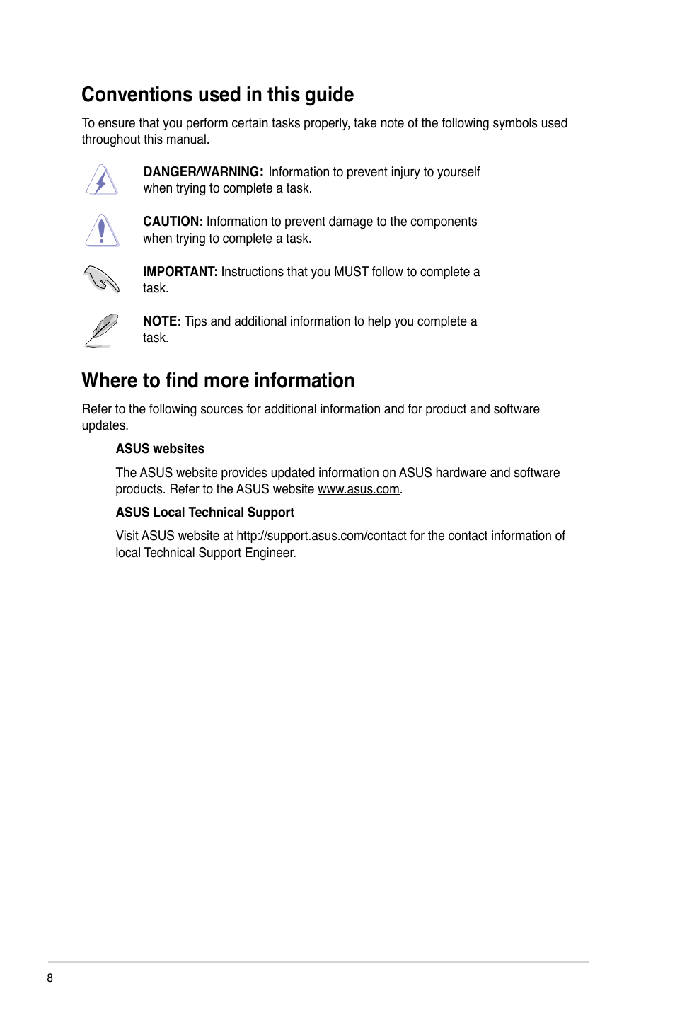 Conventions used in this guide, Where to find more information | Asus CG8270 User Manual | Page 8 / 76