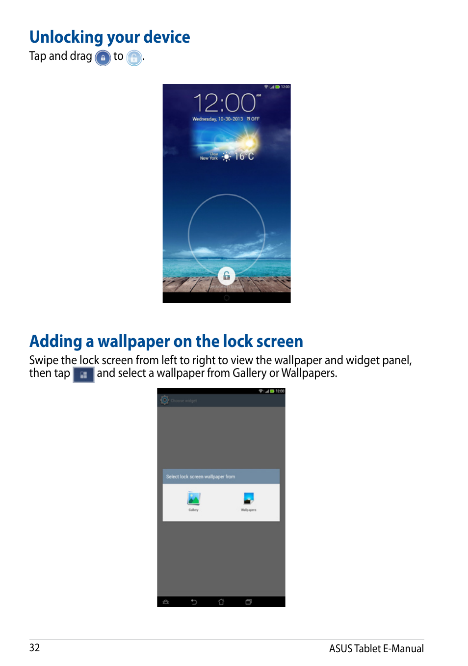 Unlocking your device, Adding a wallpaper on the lock screen | Asus Fonepad 7 User Manual | Page 32 / 102