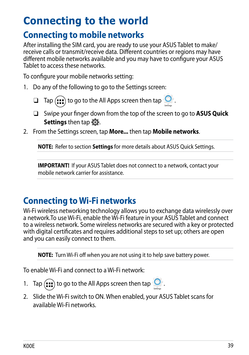 Connecting to the world, Connecting to mobile networks, Connecting to wi-fi networks | Asus Fonepad 7 User Manual | Page 39 / 102