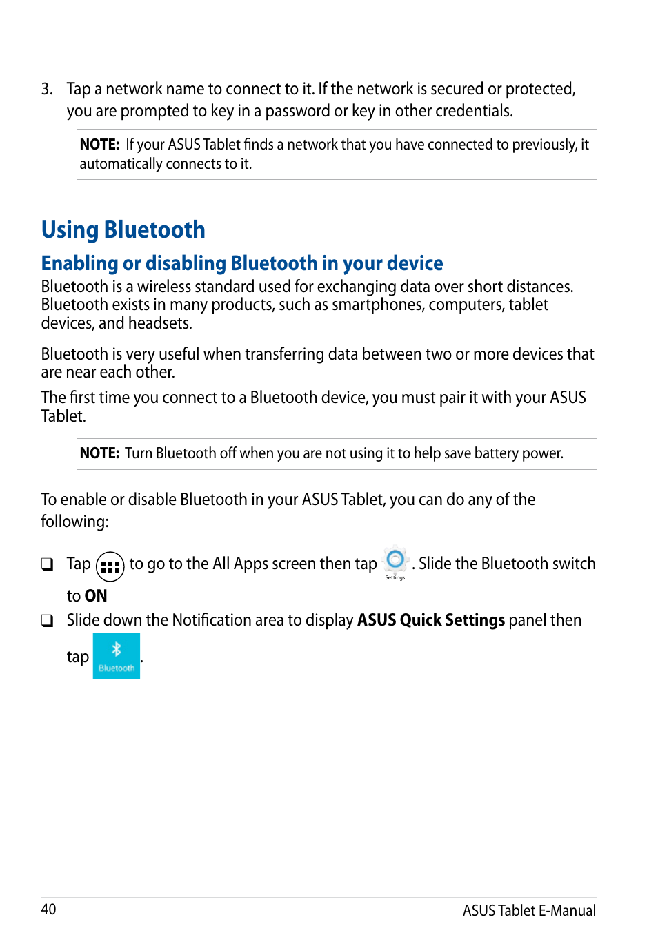 Using bluetooth, Enabling or disabling bluetooth in your device | Asus Fonepad 7 User Manual | Page 40 / 102