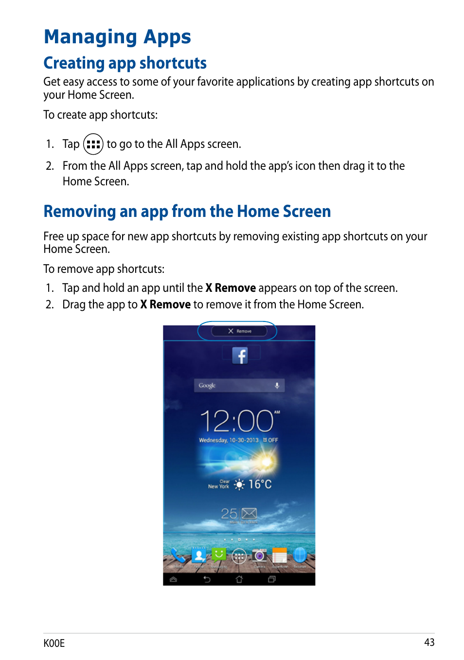 Managing apps, Creating app shortcuts, Removing an app from the home screen | Asus Fonepad 7 User Manual | Page 43 / 102