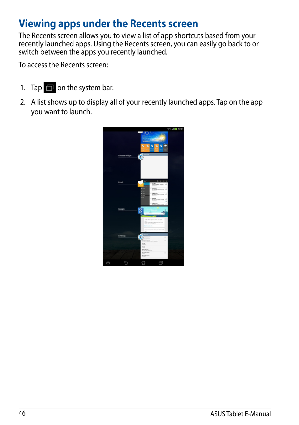 Viewing apps under the recents screen | Asus Fonepad 7 User Manual | Page 46 / 102