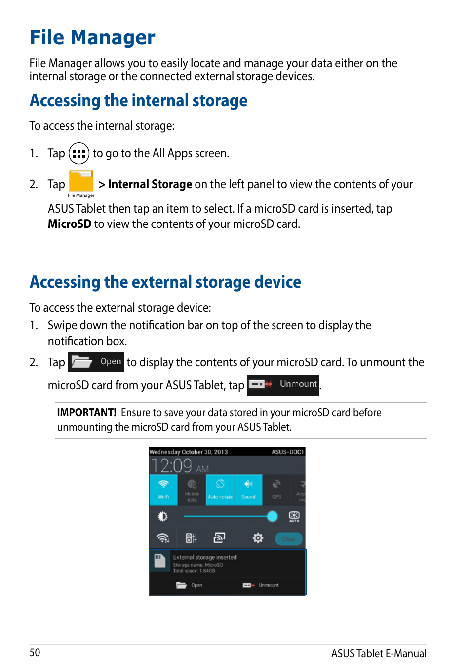 File manager, Accessing the internal storage, Accessing the external storage device | Asus Fonepad 7 User Manual | Page 50 / 102