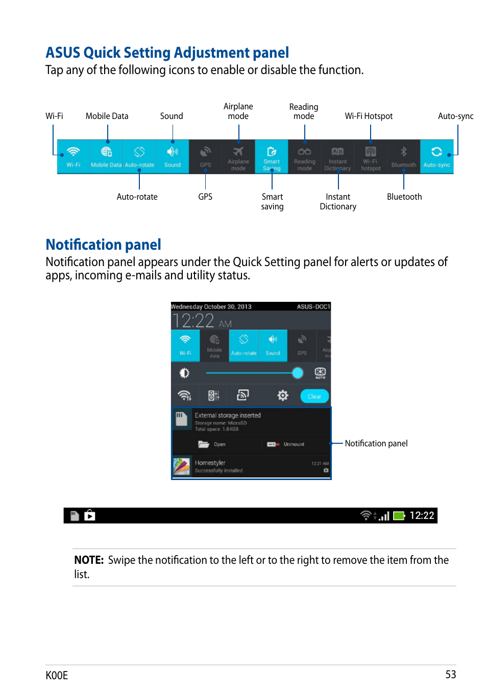 Asus quick setting adjustment panel, Notification panel | Asus Fonepad 7 User Manual | Page 53 / 102