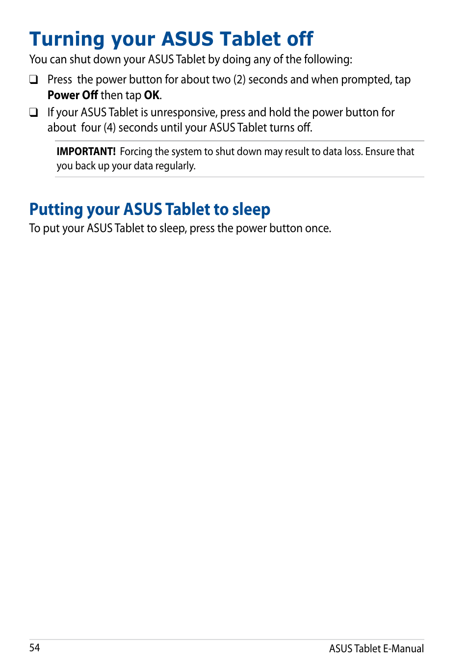 Turning your asus tablet off, Putting your asus tablet to sleep | Asus Fonepad 7 User Manual | Page 54 / 102