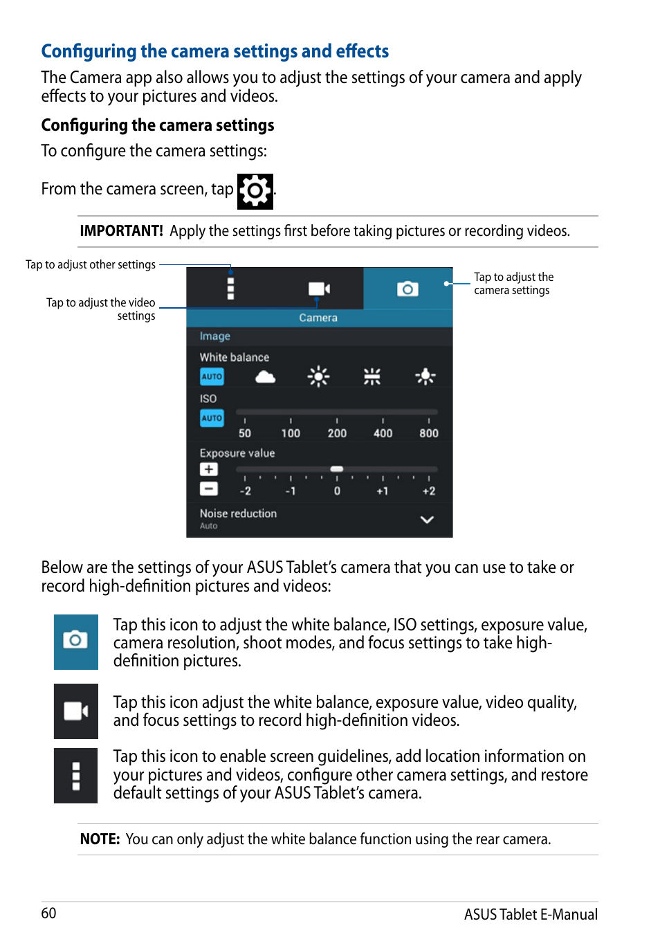 Configuring the camera settings and effects | Asus Fonepad 7 User Manual | Page 60 / 102