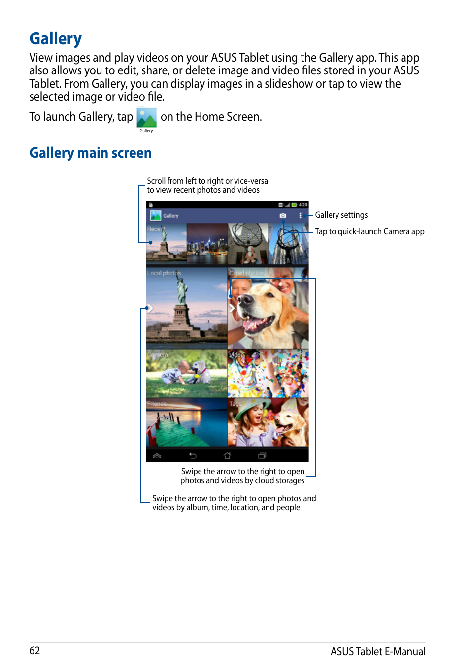 Gallery, Gallery main screen, On the home screen | Asus Fonepad 7 User Manual | Page 62 / 102