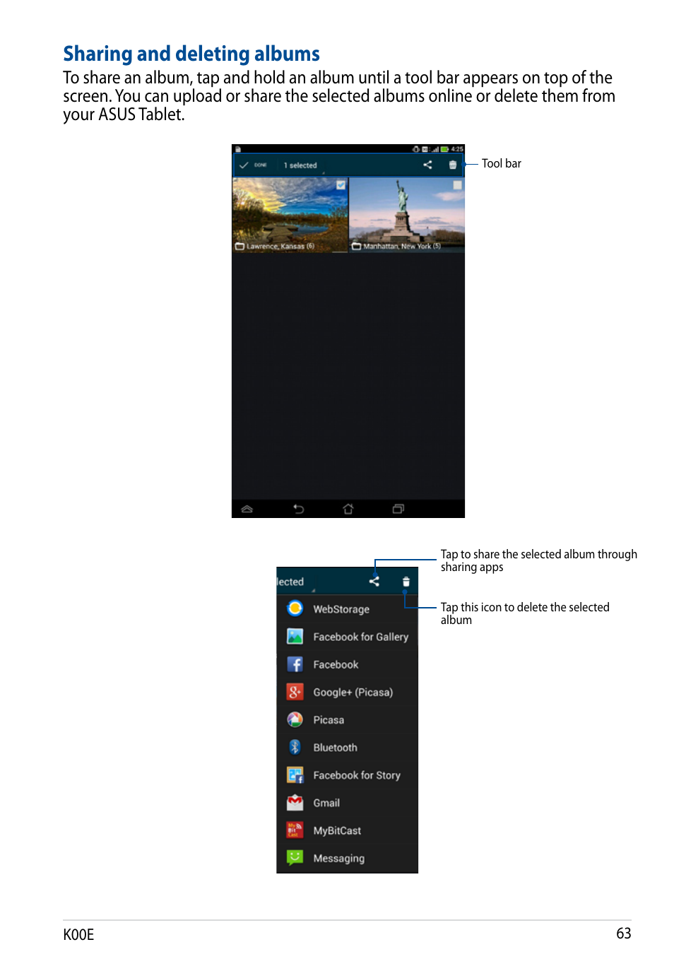 Sharing and deleting albums | Asus Fonepad 7 User Manual | Page 63 / 102