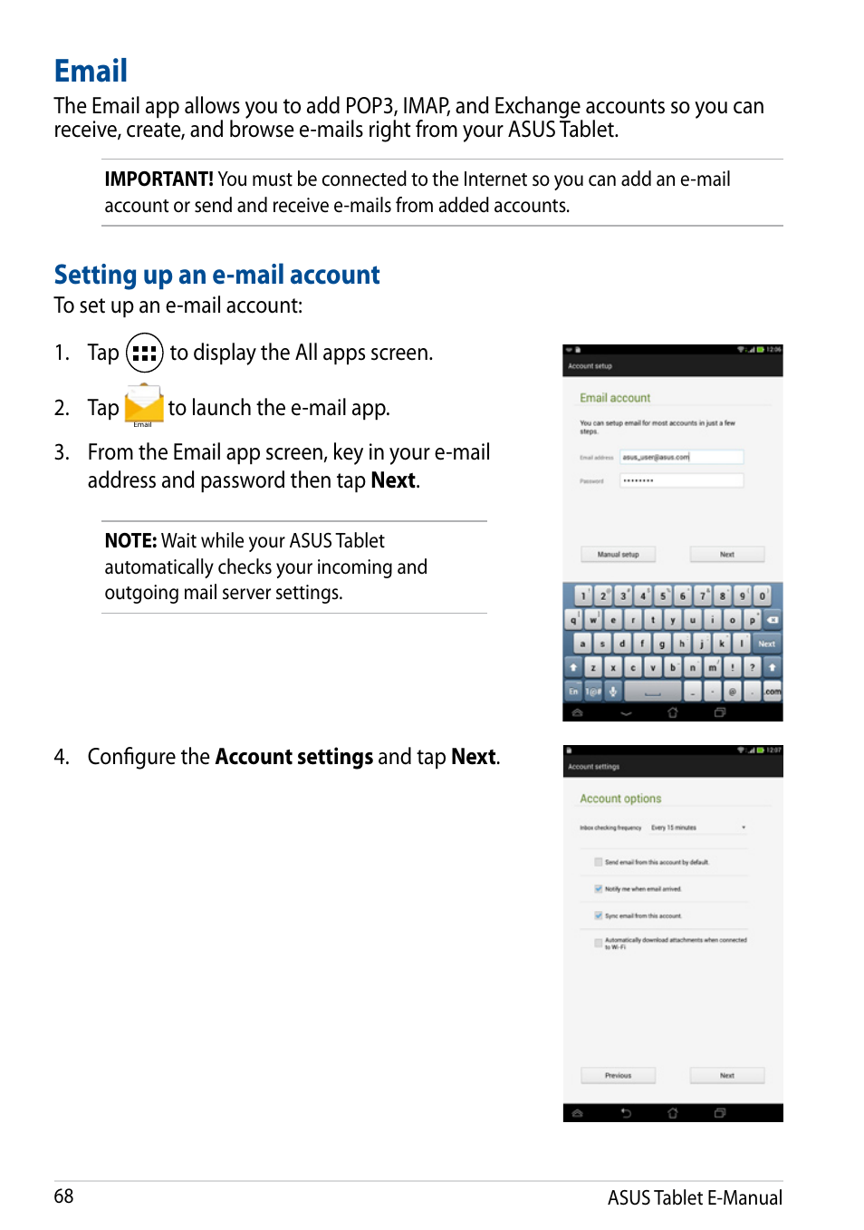 Email, Setting up an e-mail account | Asus Fonepad 7 User Manual | Page 68 / 102