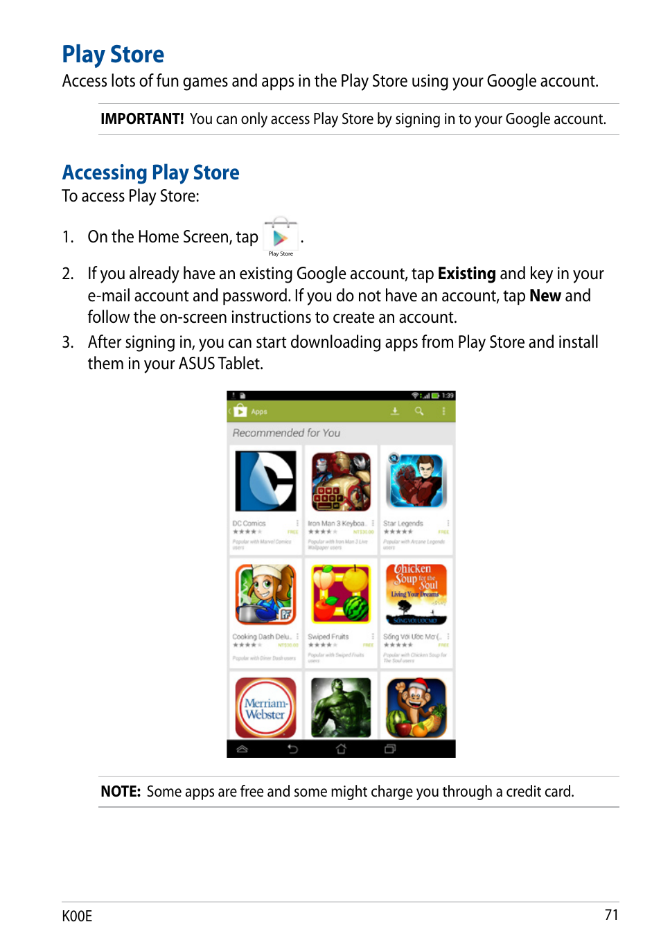 Play store, Accessing play store | Asus Fonepad 7 User Manual | Page 71 / 102