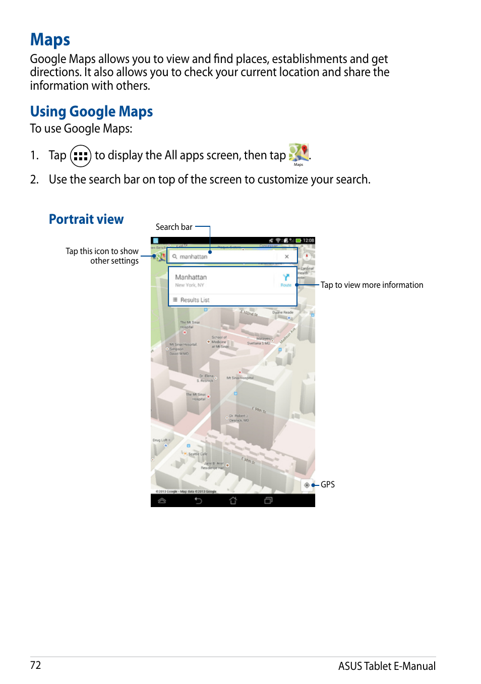 Maps, Using google maps, Portrait view | Asus Fonepad 7 User Manual | Page 72 / 102