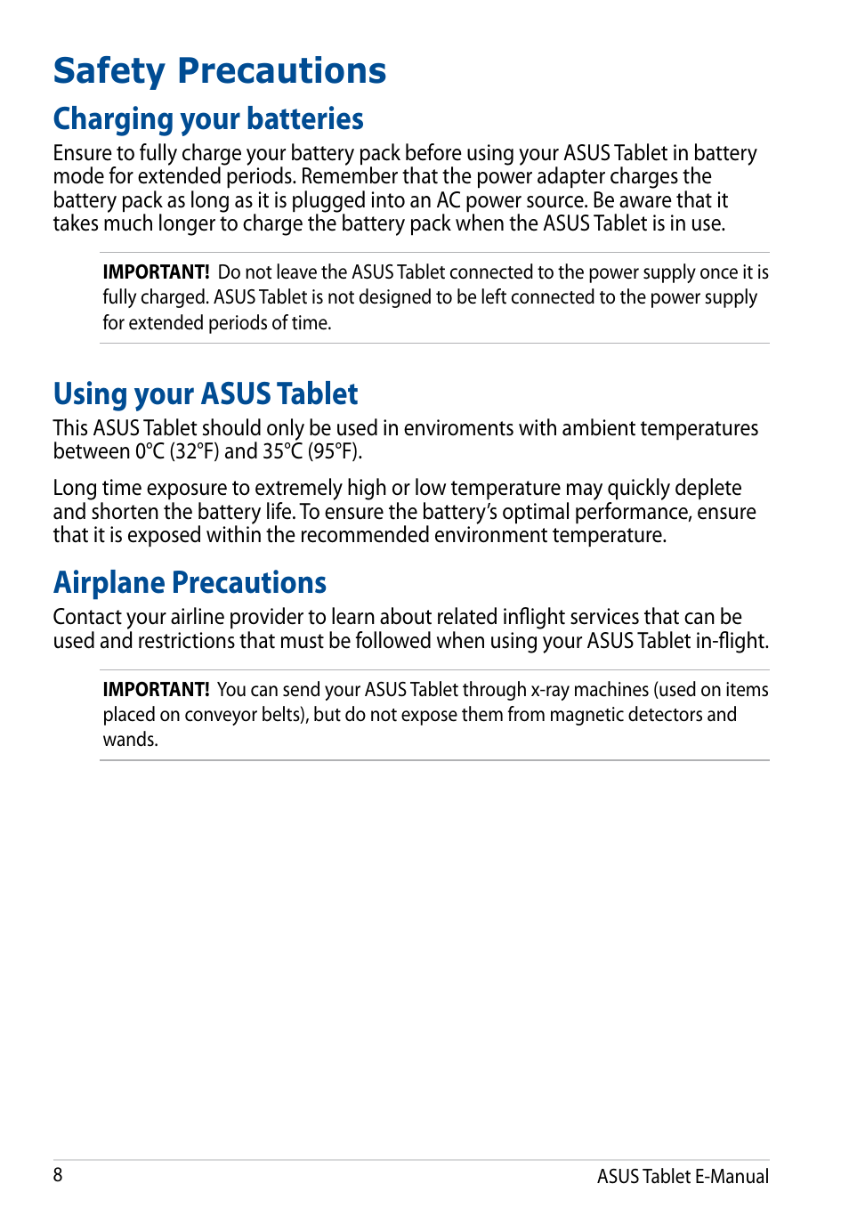 Safety precautions, Charging your batteries, Using your asus tablet | Airplane precautions | Asus Fonepad 7 User Manual | Page 8 / 102