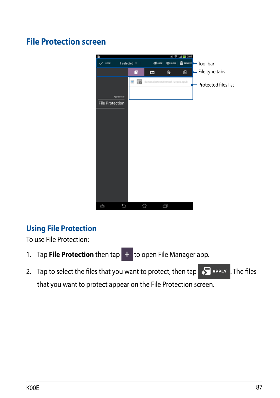 File protection screen, Using file protection | Asus Fonepad 7 User Manual | Page 87 / 102