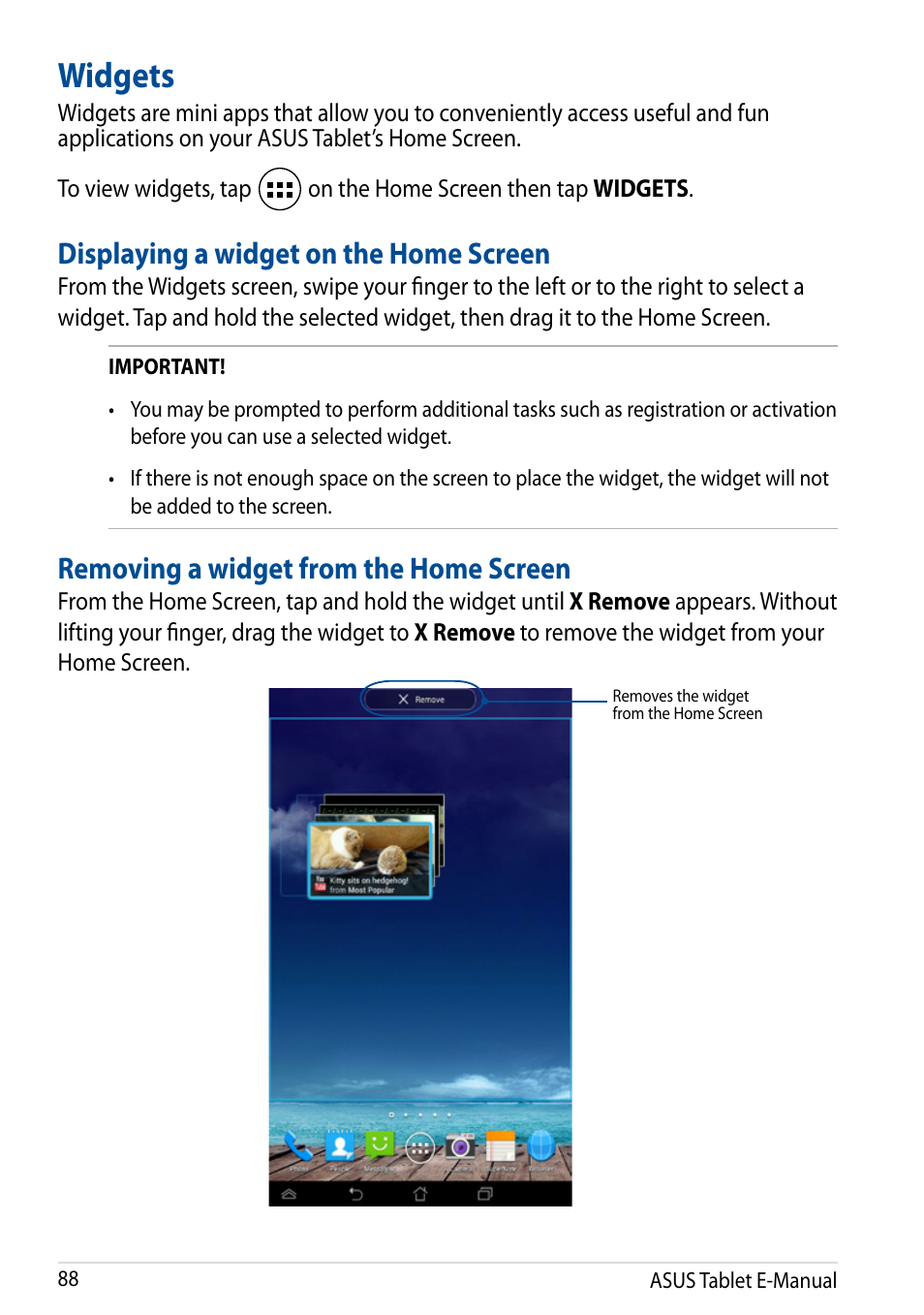 Widgets, Removing a widget from the home screen, Displaying a widget on the home screen | Asus Fonepad 7 User Manual | Page 88 / 102
