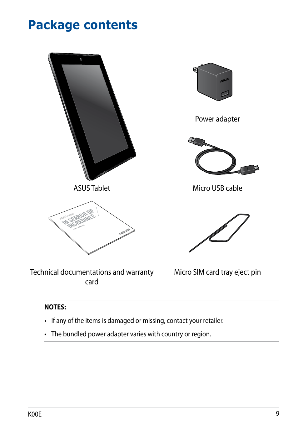 Package contents | Asus Fonepad 7 User Manual | Page 9 / 102