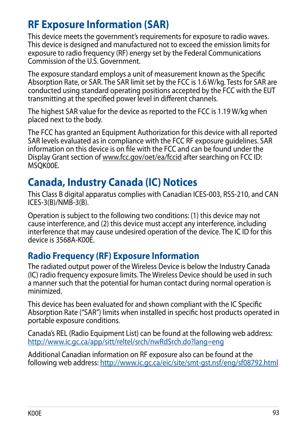 Rf exposure information (sar), Canada, industry canada (ic) notices, Radio frequency (rf) exposure information | Asus Fonepad 7 User Manual | Page 93 / 102