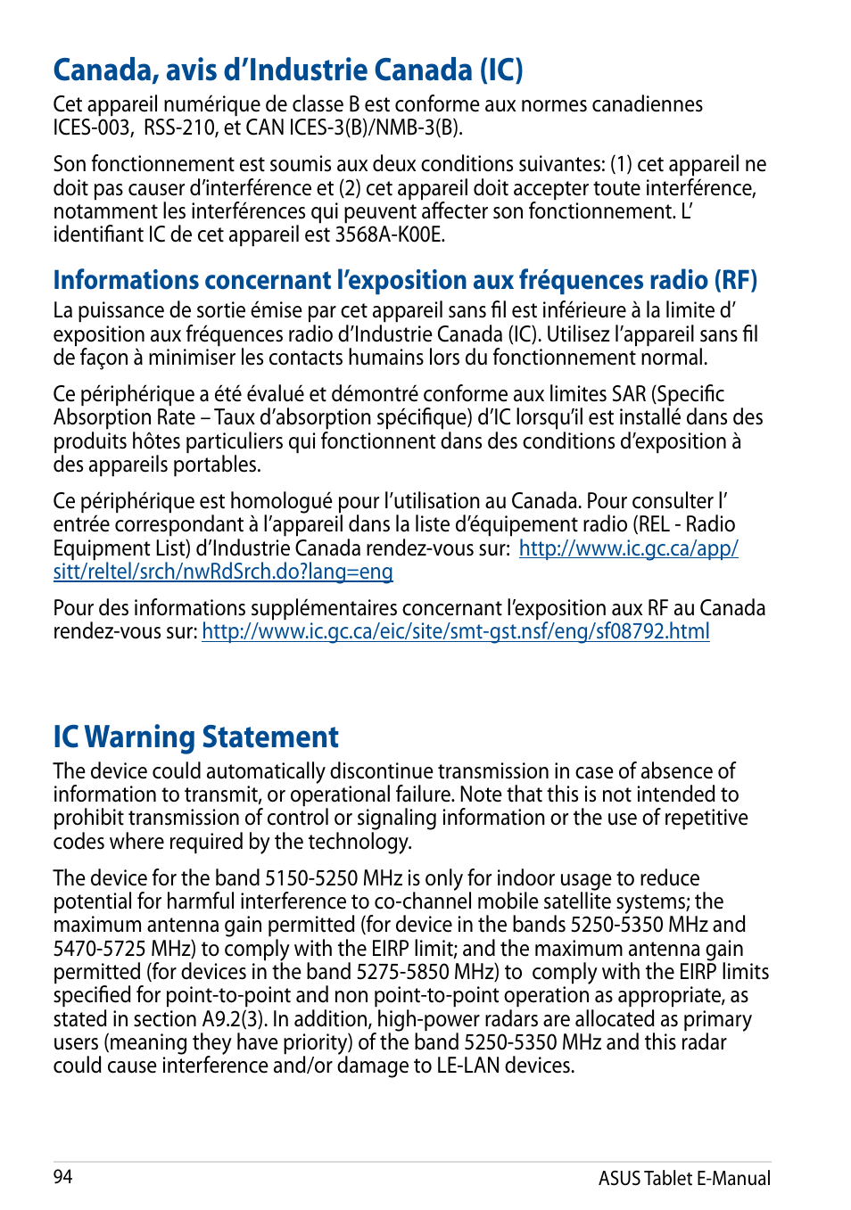 Canada, avis d’industrie canada (ic), Ic warning statement | Asus Fonepad 7 User Manual | Page 94 / 102