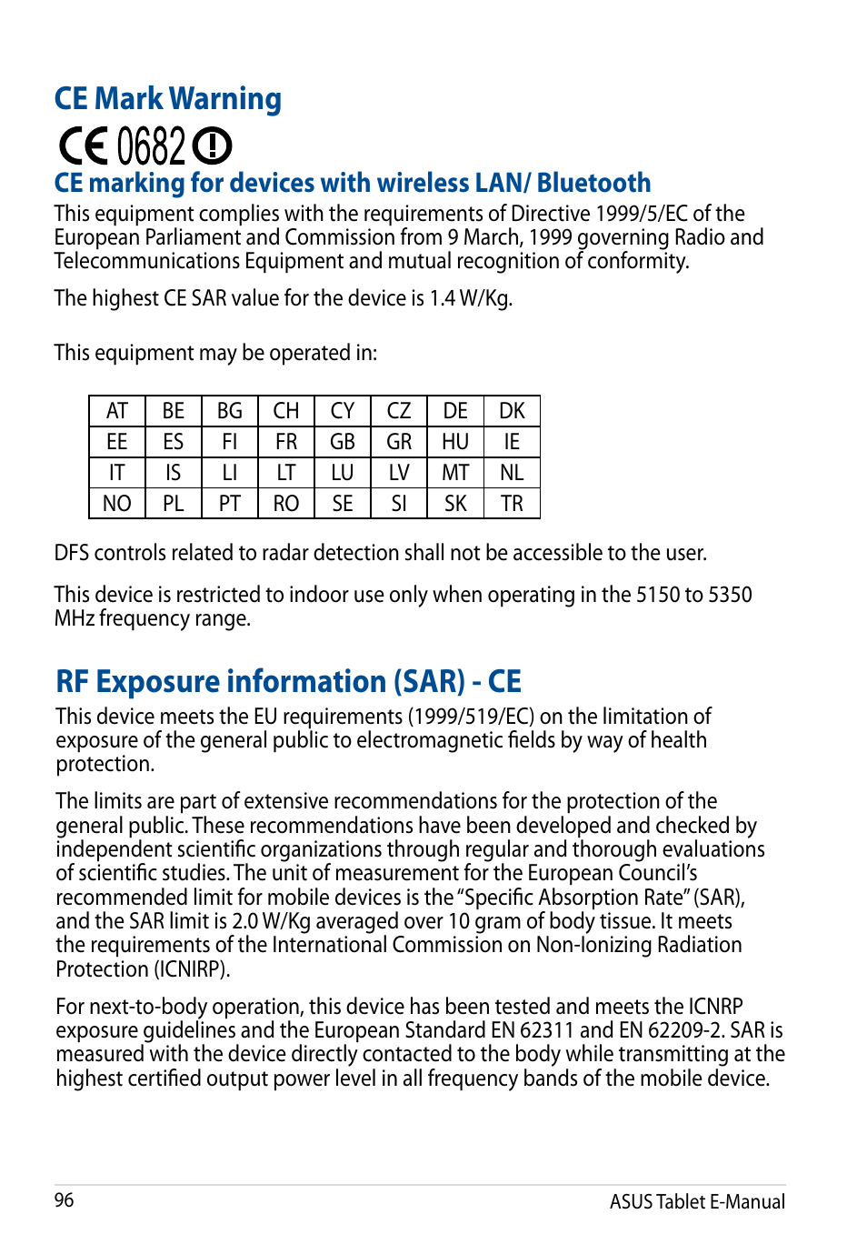 Ce mark warning, Rf exposure information (sar) - ce, Ce mark warning rf exposure information (sar) - ce | Asus Fonepad 7 User Manual | Page 96 / 102