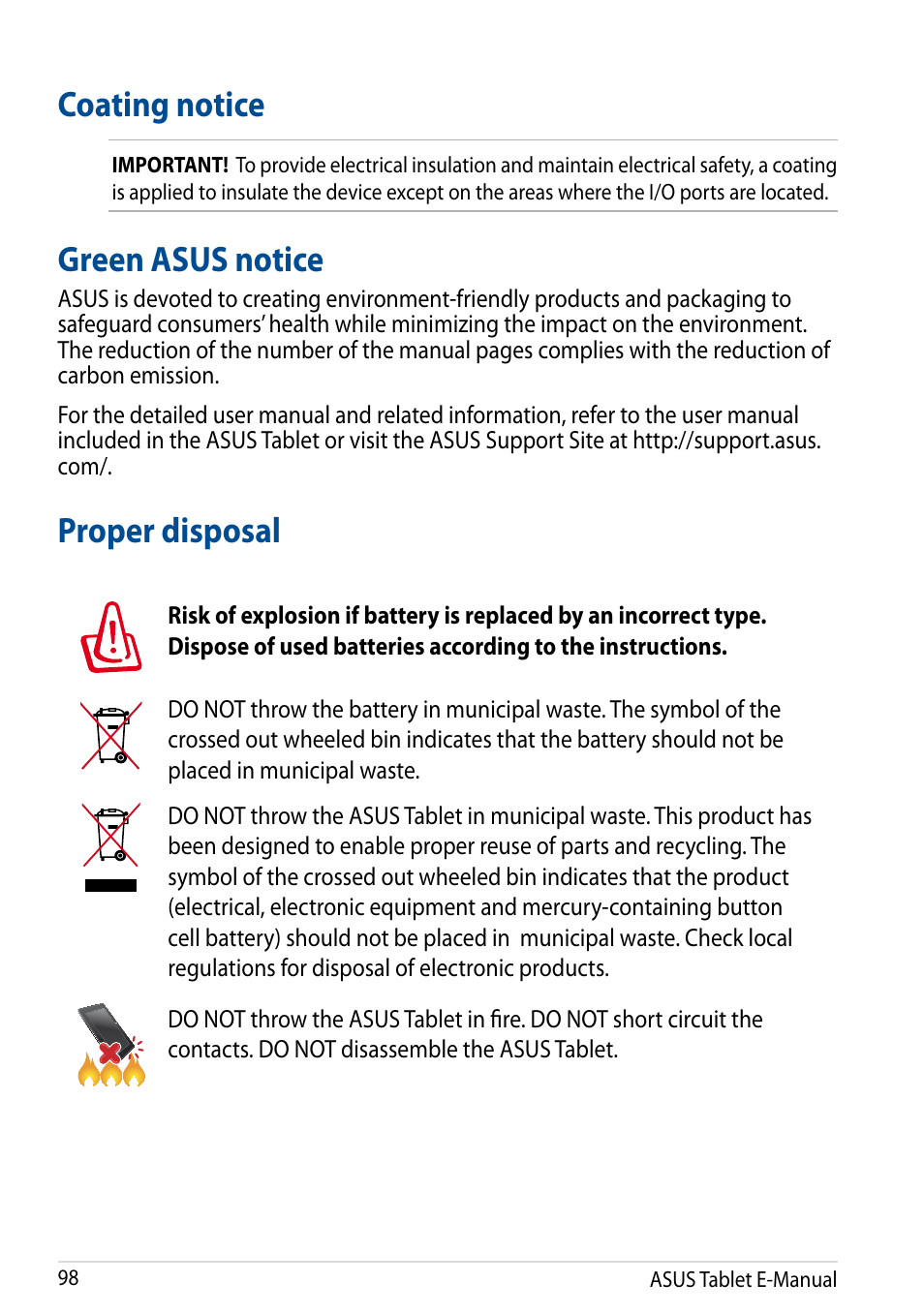 Coating notice, Green asus notice, Proper disposal | Coating notice green asus notice proper disposal | Asus Fonepad 7 User Manual | Page 98 / 102