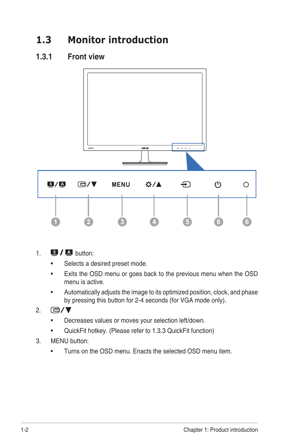 3 monitor introduction, 1 front view, Monitor.introduction -2 1.3.1 | Front view -2, Front.view | Asus VS24AH User Manual | Page 10 / 24