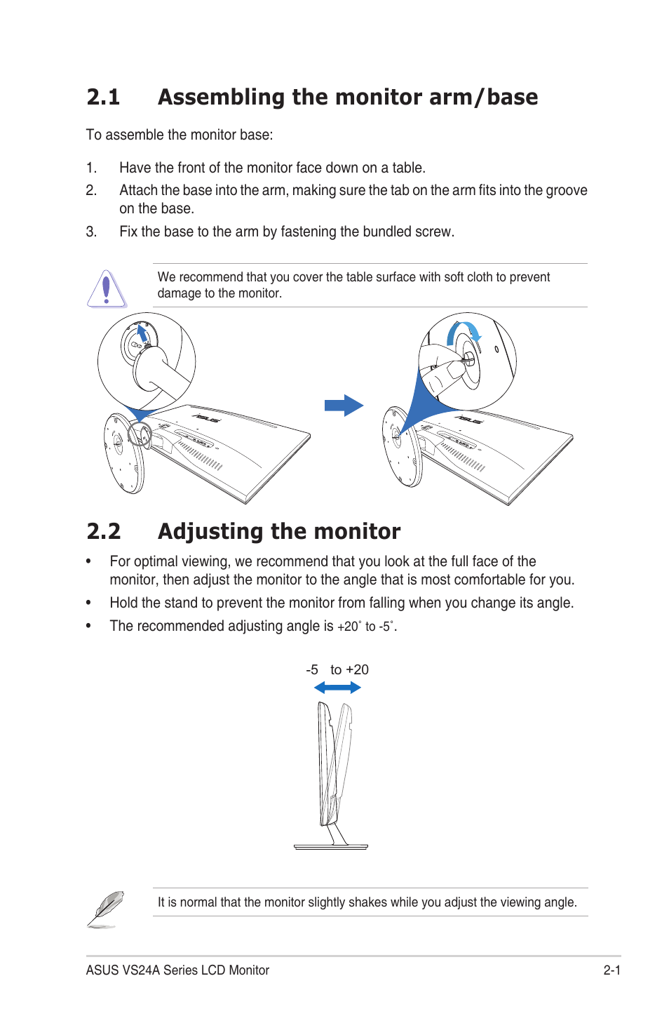 Chapter 2: setup, 1 assembling the monitor arm/base, 2 adjusting the monitor | Chapter.2:.....setup, Assembling.the.monitor.arm/base -1, Adjusting.the.monitor -1 | Asus VS24AH User Manual | Page 15 / 24
