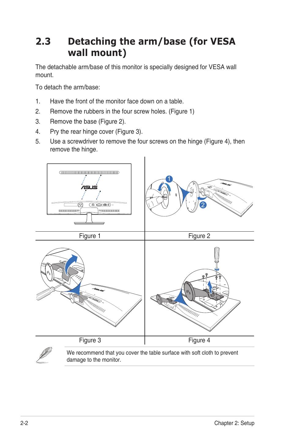3 detaching the arm/base (for vesa wall mount), Detaching.the.arm/base.(for.vesa.wall.mount) -2 | Asus VS24AH User Manual | Page 16 / 24
