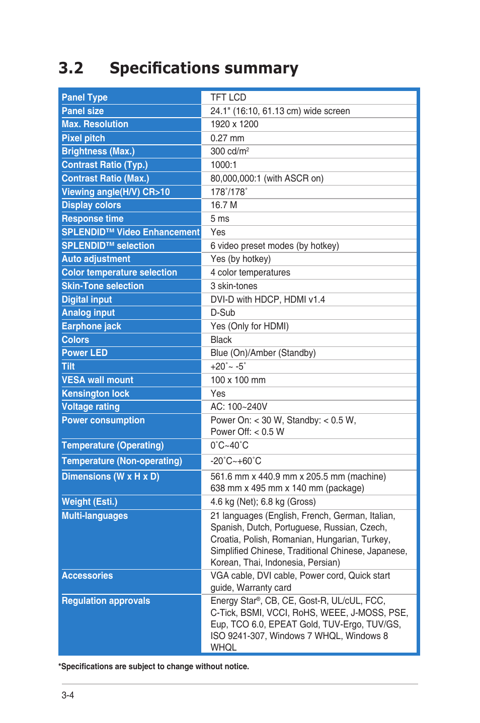 2 specifications summary, Specifications.summary -4 | Asus VS24AH User Manual | Page 22 / 24