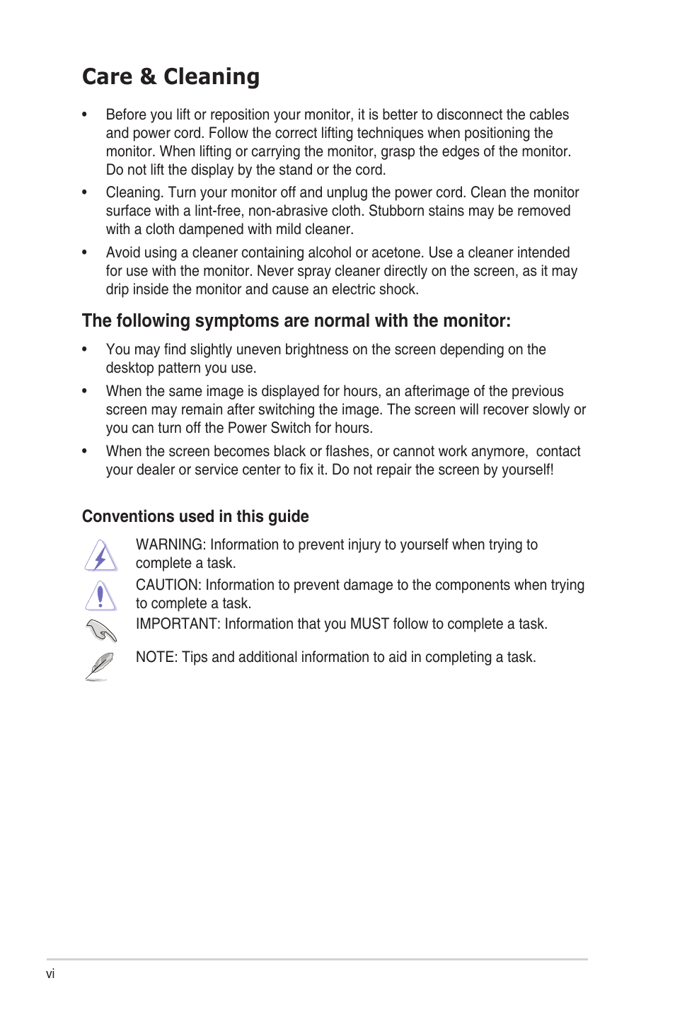 Care & cleaning, The.following.symptoms.are.normal.with.the.monitor | Asus VS24AH User Manual | Page 6 / 24