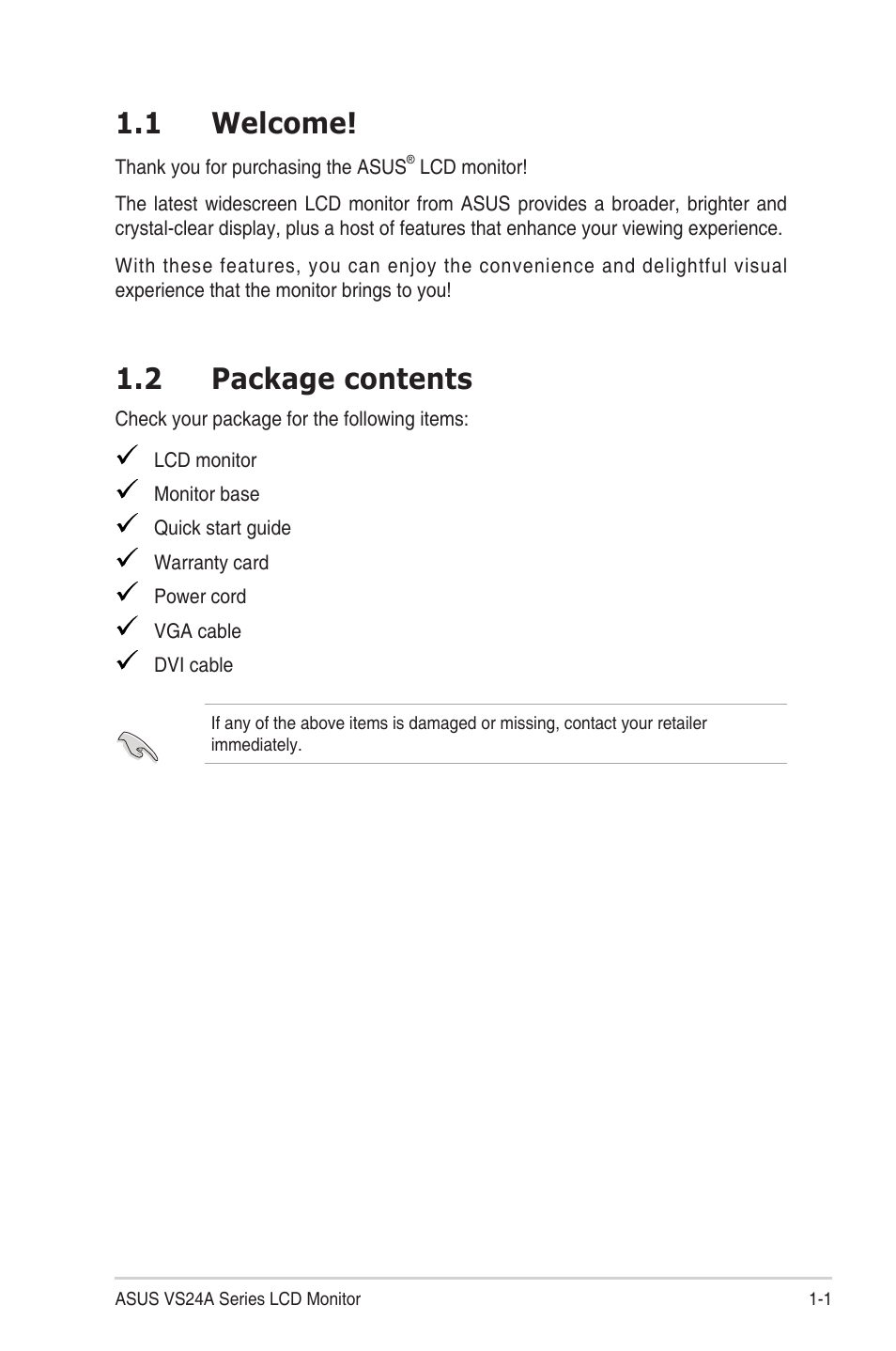 Chapter 1: product introduction, 1 welcome, 2 package contents | Chapter.1:.....product.introduction, Welcome! -1, Package.contents -1 | Asus VS24AH User Manual | Page 9 / 24