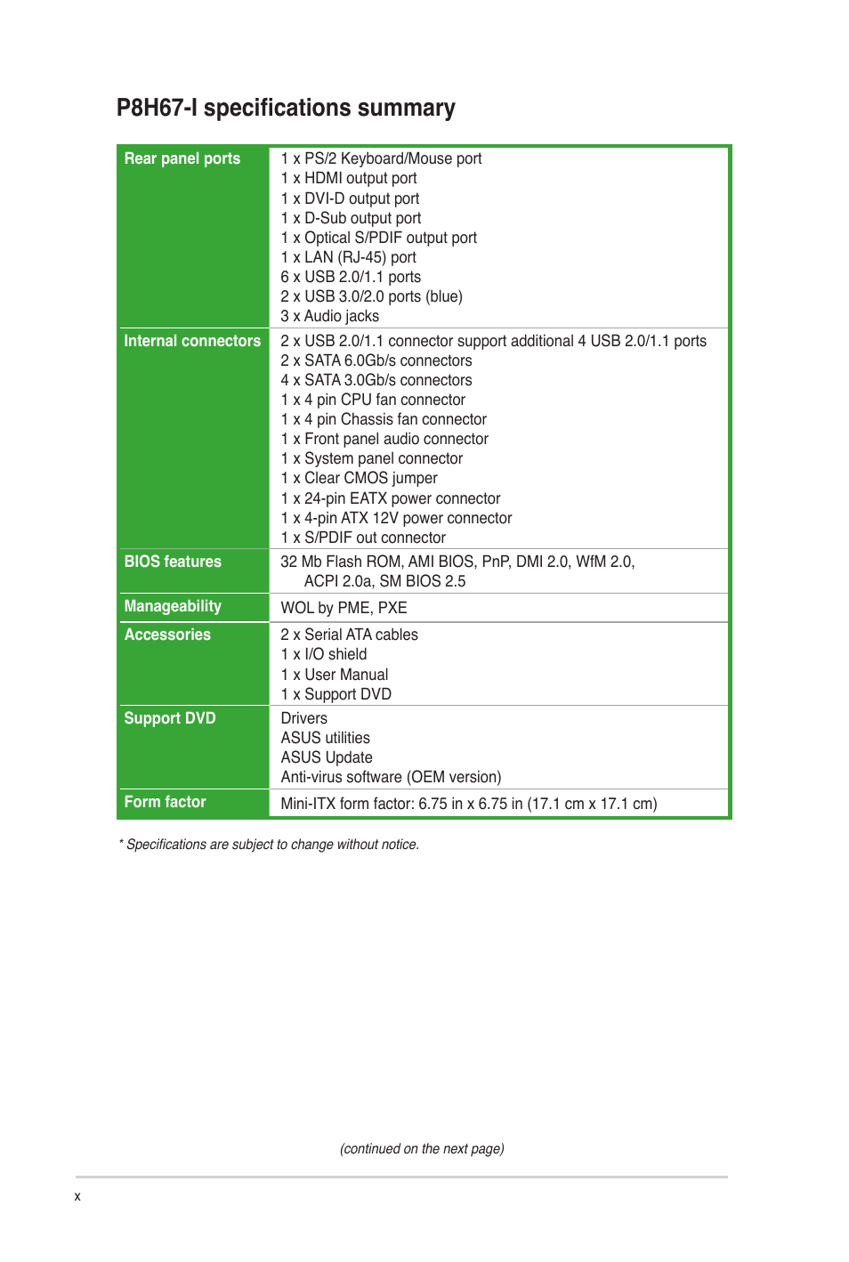 P8h67-i specifications summary | Asus P8H67-I User Manual | Page 10 / 58