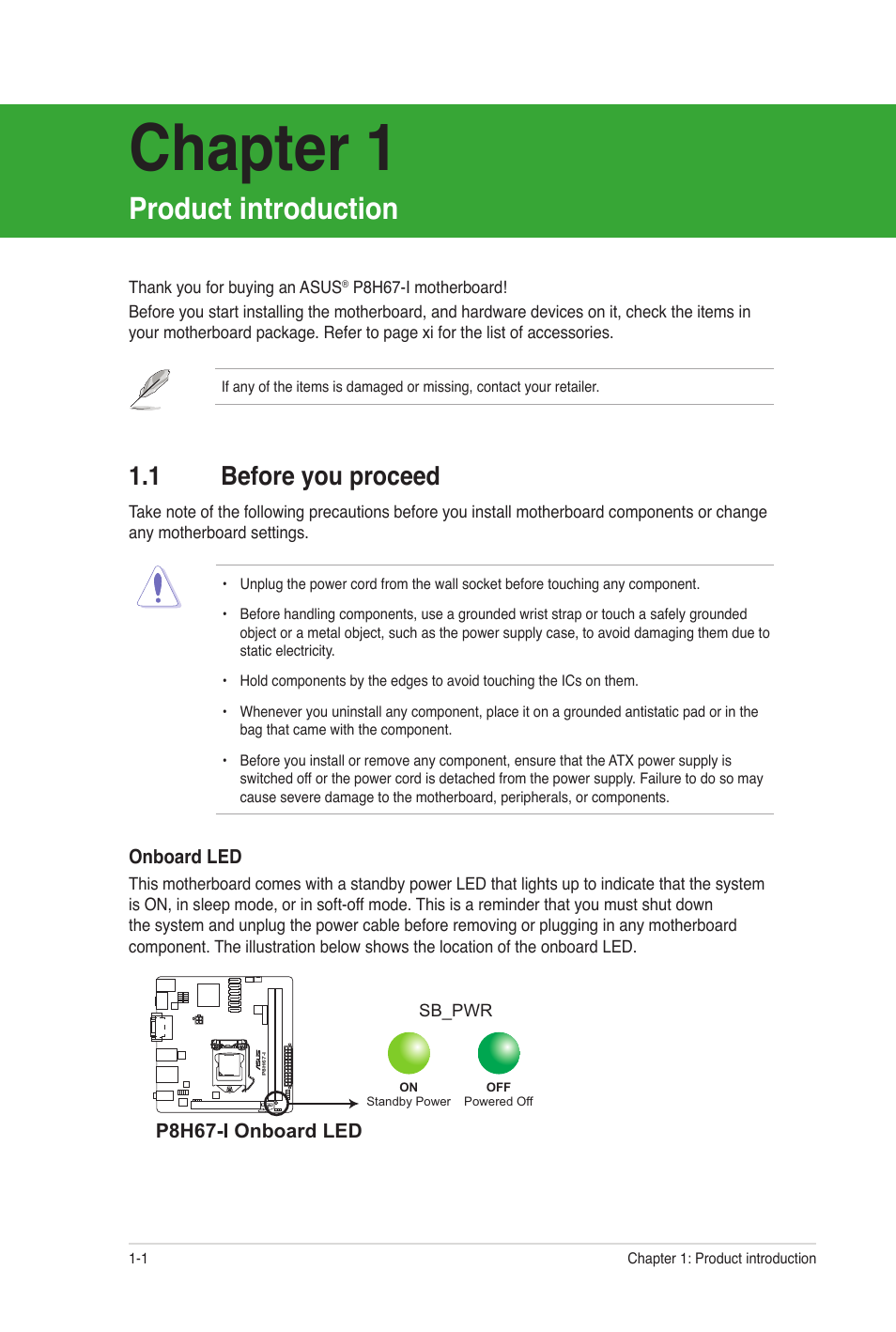 Chapter 1, Product introduction, 1 before you proceed | Before you proceed -1 | Asus P8H67-I User Manual | Page 12 / 58