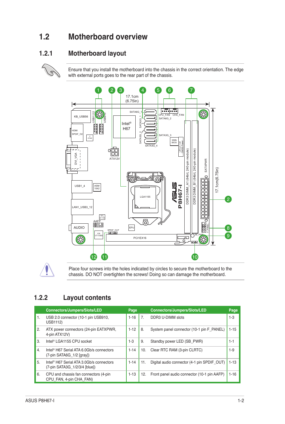 2 motherboard overview, 1 motherboard layout, 2 layout contents | Motherboard overview -2 1.2.1, Motherboard layout -2, Layout contents -2 | Asus P8H67-I User Manual | Page 13 / 58