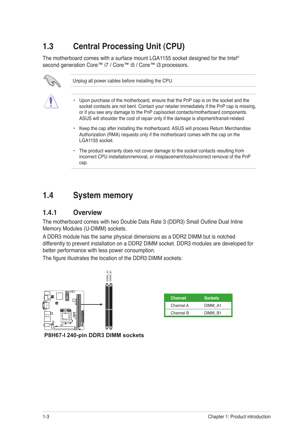 3 central processing unit (cpu), 4 system memory, 1 overview | Central processing unit (cpu) -3, System memory -3 1.4.1, Overview -3 | Asus P8H67-I User Manual | Page 14 / 58