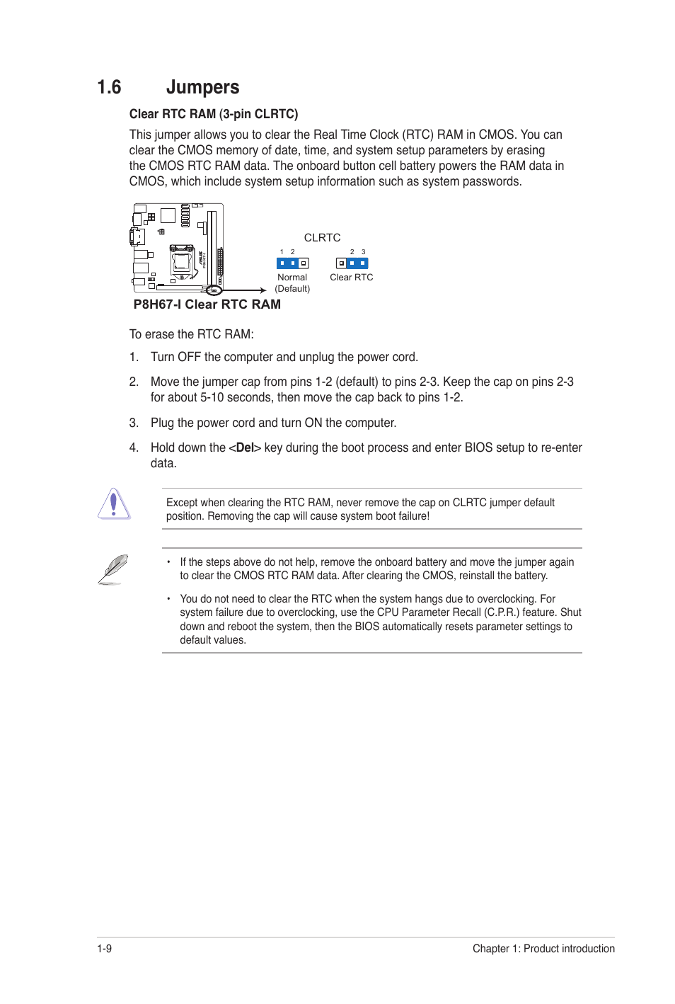 6 jumpers, Jumpers -9 | Asus P8H67-I User Manual | Page 20 / 58