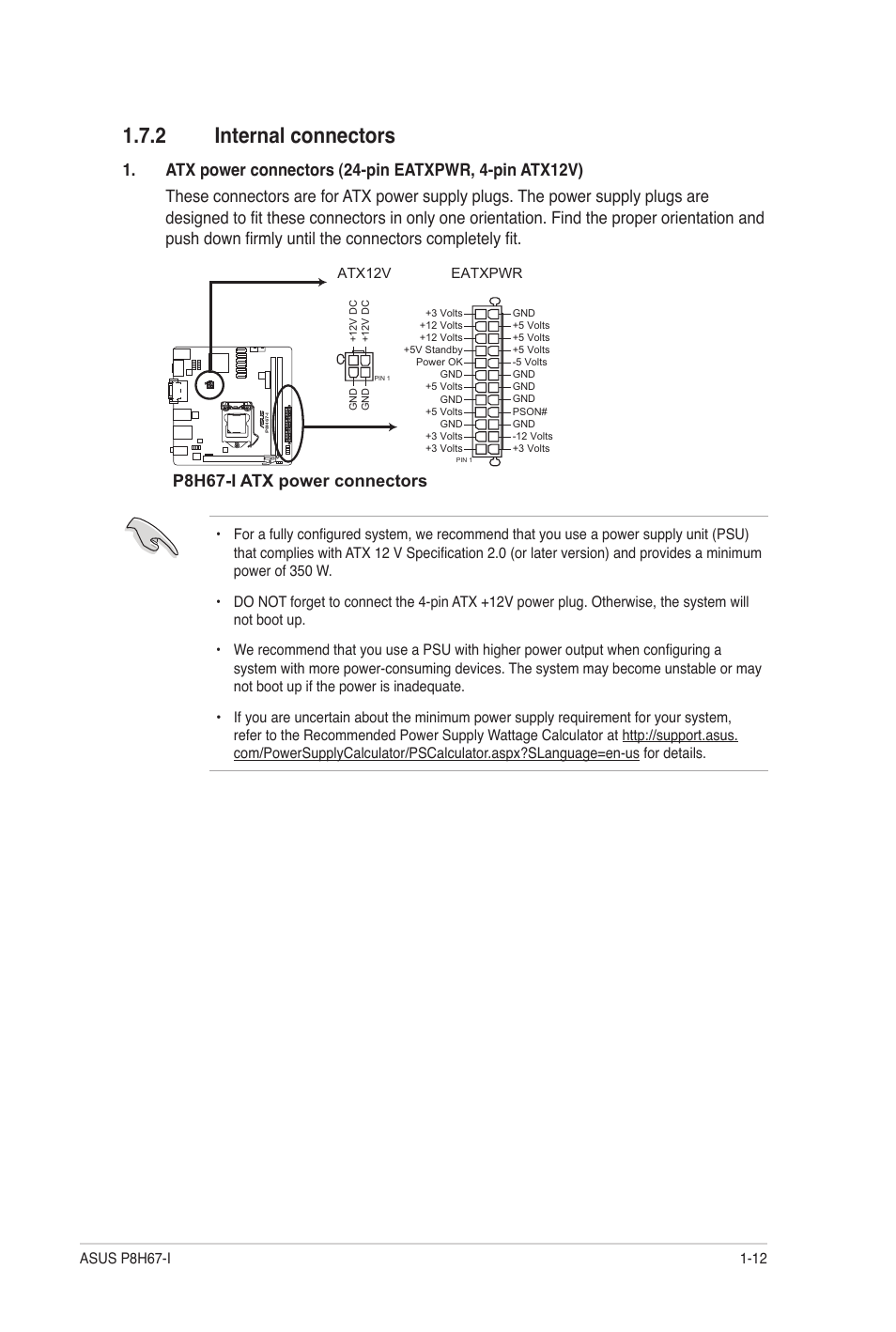 2 internal connectors, Internal connectors -12, P8h67-i atx power connectors | Asus P8H67-I User Manual | Page 23 / 58