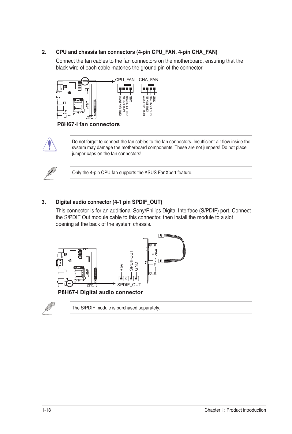 P8h67-i fan connectors, P8h67-i digital audio connector, 13 chapter 1: product introduction | Asus P8H67-I User Manual | Page 24 / 58