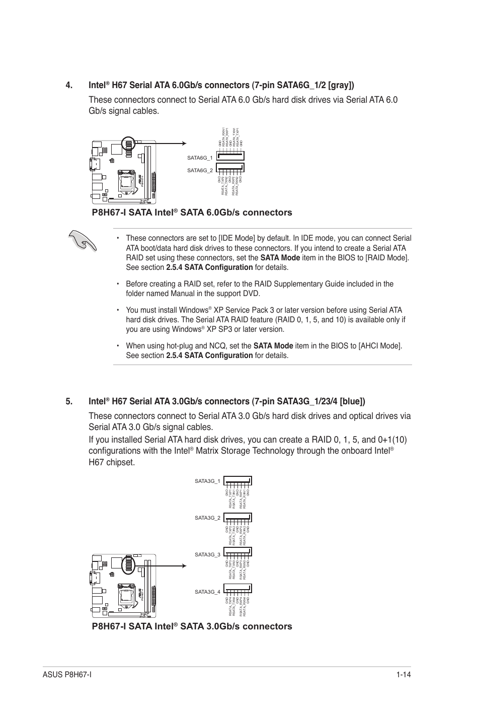 Intel, H67 chipset, P8h67-i sata intel | Sata 6.0gb/s connectors, Sata 3.0gb/s connectors | Asus P8H67-I User Manual | Page 25 / 58