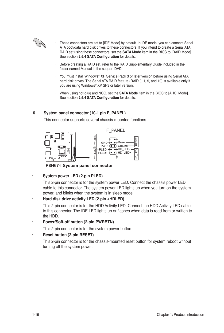 P8h67-i system panel connector, F_panel | Asus P8H67-I User Manual | Page 26 / 58