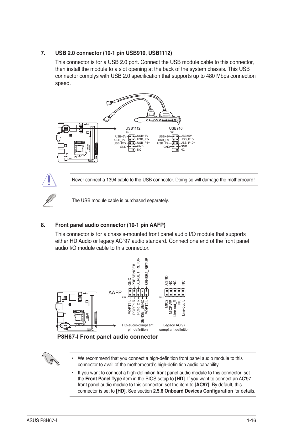 P8h67-i front panel audio connector, Aafp | Asus P8H67-I User Manual | Page 27 / 58