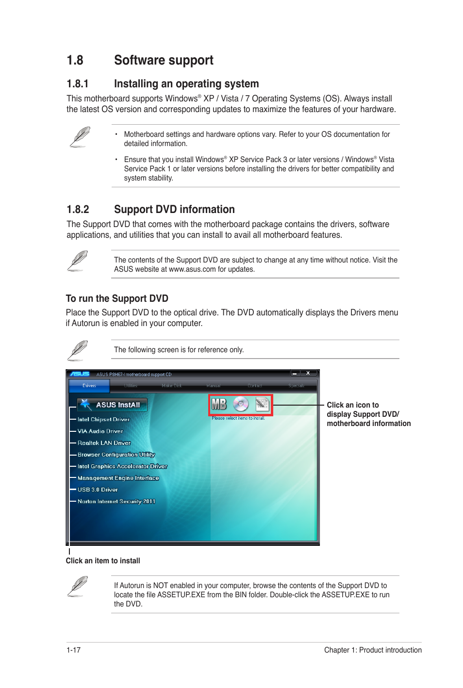 8 software support, 1 installing an operating system, 2 support dvd information | Software support -17 1.8.1, Installing an operating system -17, Support dvd information -17 | Asus P8H67-I User Manual | Page 28 / 58