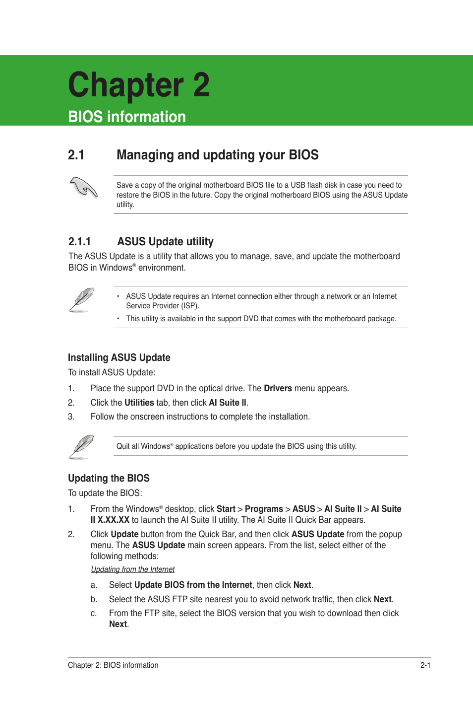 Chapter 2, Bios information, 1 managing and updating your bios | 1 asus update utility, Managing and updating your bios -1 2.1.1, Asus update utility -1 | Asus P8H67-I User Manual | Page 30 / 58