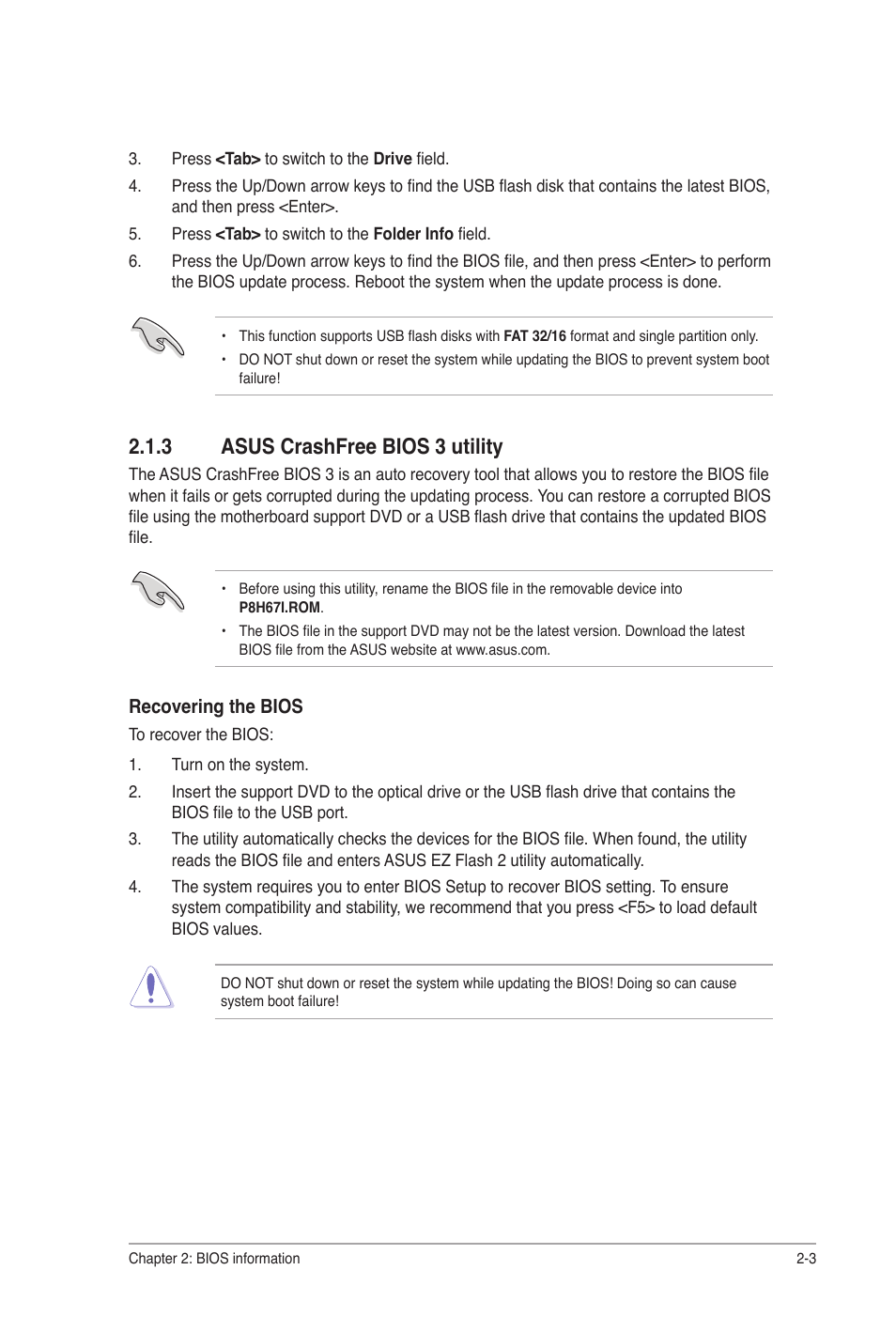 3 asus crashfree bios 3 utility, Asus crashfree bios 3 utility -3 | Asus P8H67-I User Manual | Page 32 / 58