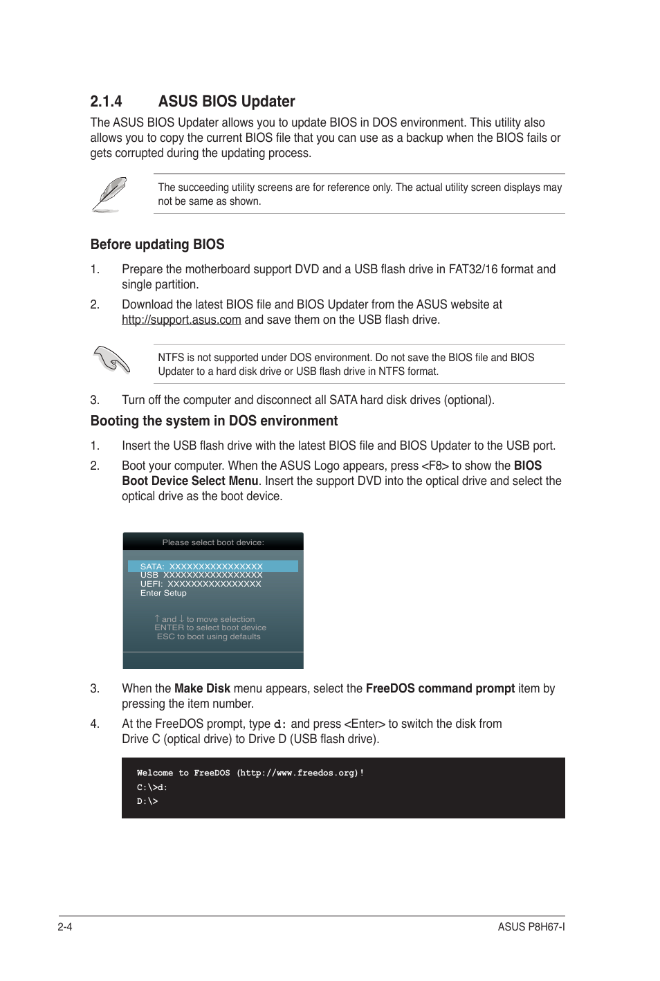 4 asus bios updater, Asus bios updater -4, Before updating bios | Booting the system in dos environment | Asus P8H67-I User Manual | Page 33 / 58