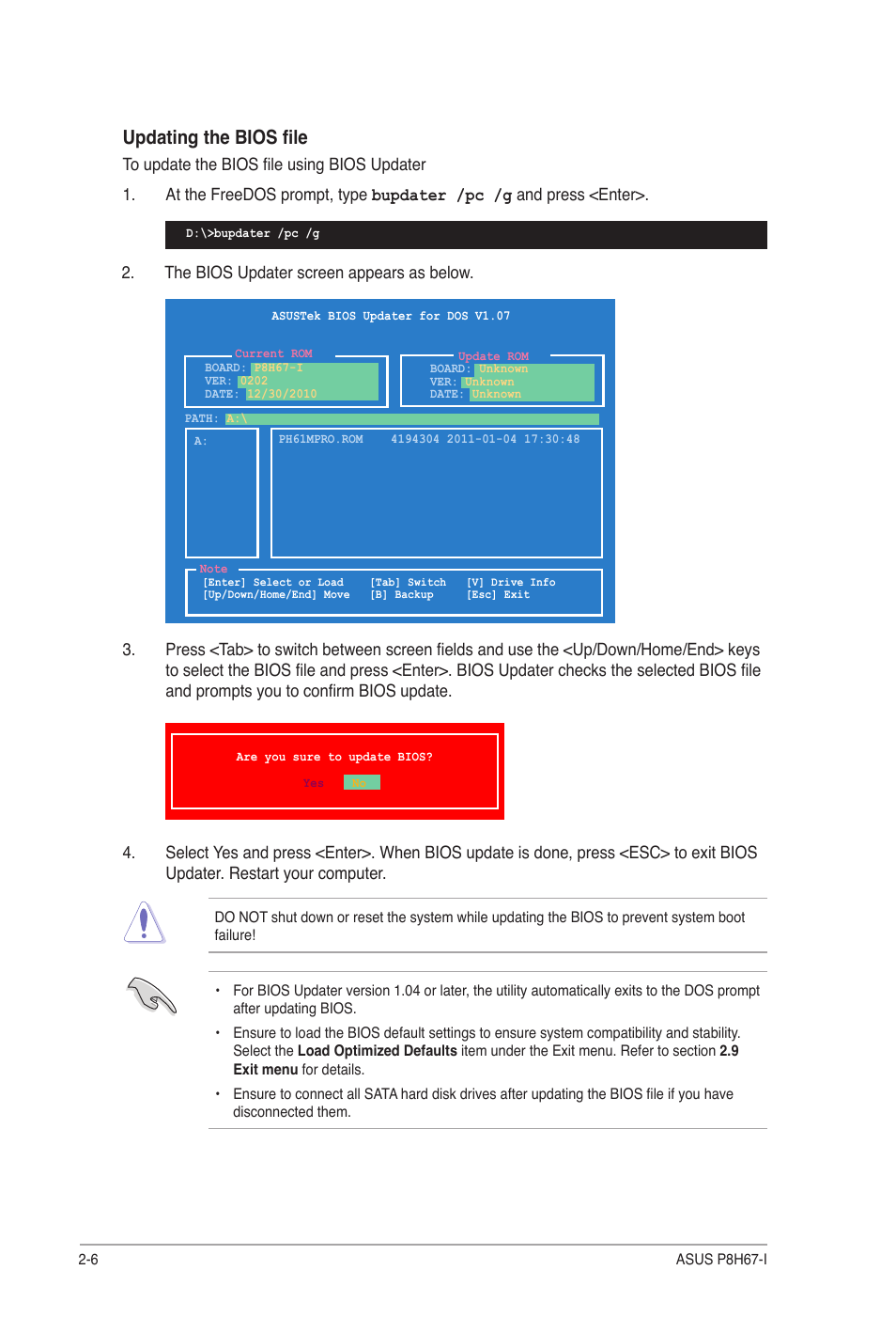 Updating the bios file | Asus P8H67-I User Manual | Page 35 / 58