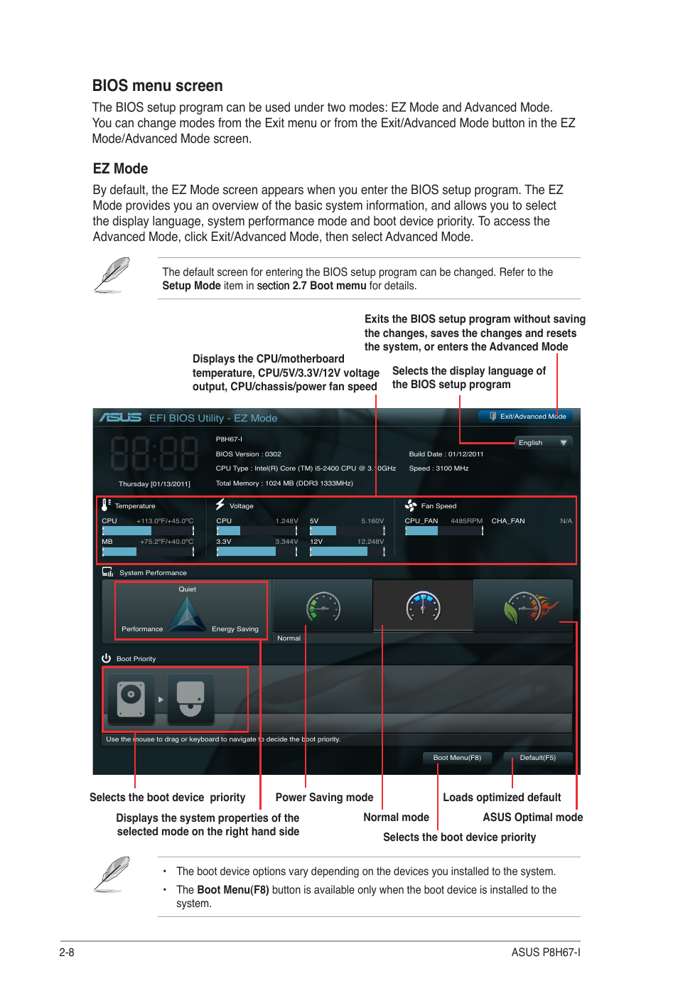 Bios menu screen, Ez mode, 8 asus p8h67-i | Asus P8H67-I User Manual | Page 37 / 58