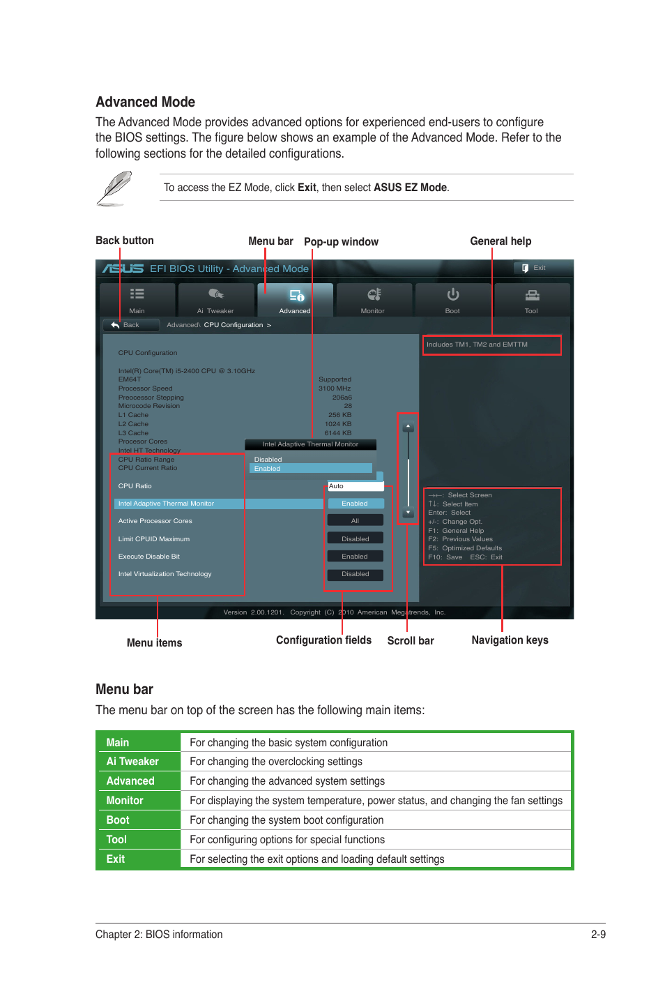 Advanced mode, Menu bar, Chapter 2: bios information 2-9 | Asus P8H67-I User Manual | Page 38 / 58