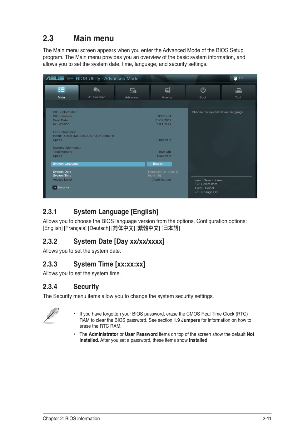 3 main menu, 1 system language [english, 2 system date [day xx/xx/xxxx | 3 system time [xx:xx:xx, 4 security, Main menu -11, System language [english] -11, System date -11, System time -11, Security -11 | Asus P8H67-I User Manual | Page 40 / 58